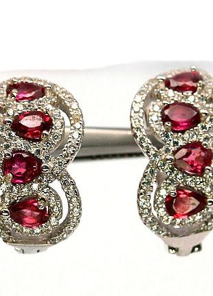 Серебряные серьги 925 пробы с розовым родолит гранатом