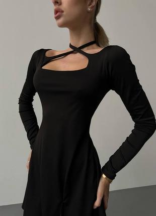 Базовое черное платье с переплетом на шее 💕 черное мини платье с длинным рукавом 💕