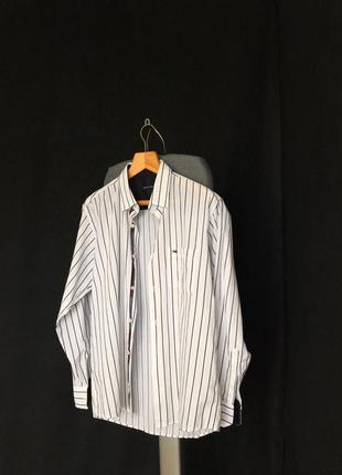 Легкая летняя рубашка с длинным рукавом белая в черную полоску, размер l-мин7 фото