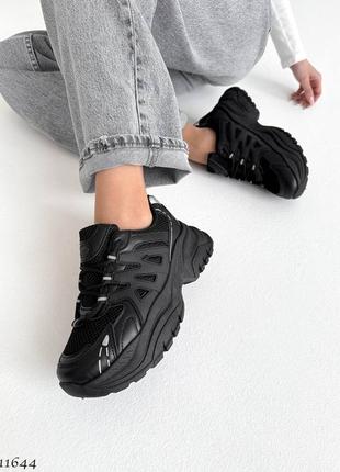 Чорні шкіряні гумові текстильні кросівки з сіткою в сітку на товстій грубій підошві3 фото
