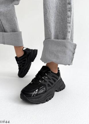 Чорні шкіряні гумові текстильні кросівки з сіткою в сітку на товстій грубій підошві5 фото