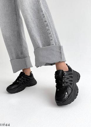 Чорні шкіряні гумові текстильні кросівки з сіткою в сітку на товстій грубій підошві7 фото