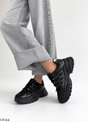Чорні шкіряні гумові текстильні кросівки з сіткою в сітку на товстій грубій підошві8 фото