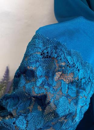 Индиго! 🌊 пеньюар халат масляный блестящий с кружевным рукавом халатик ночная рубашка2 фото