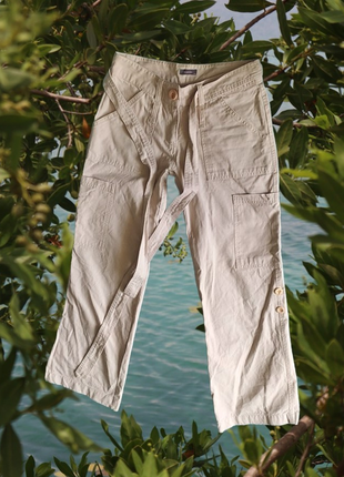 Бежевые хлопковые штанишки с поясом1 фото