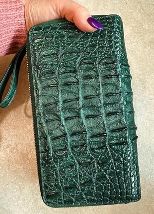 Кошелек клатч из натуральной кожи крокодила зеленый изумрудный на 2 молниях с ручкой3 фото