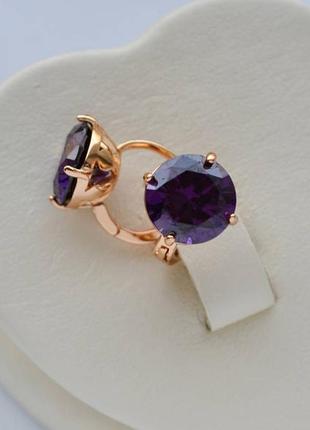Позолочені сережки кільця круглі фіолетові камені медичне золото позолоченные серьги кольца фиолетовые камни медзолото подарок1 фото