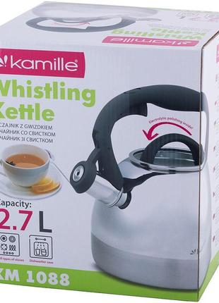 Чайник kamille whistling kettle 2.7 л з неіржавкої сталі зі свистком і скляною кришкою (сіра ручка)8 фото