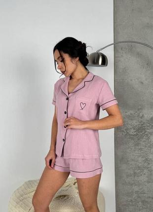 Жіноча зручна натуральна домашня піжама-двійка з муслінової тканини колір рожевий стильний одяг для сну9 фото