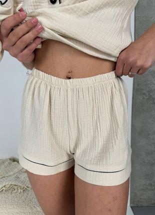 Жіноча зручна натуральна домашня піжама, двійка з муслінової тканини, колір пісок стильний одяг для сну6 фото