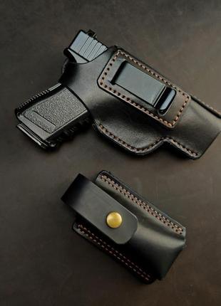 Шкіряна кобура для glock 19 зі скобою+ паучер для обойми