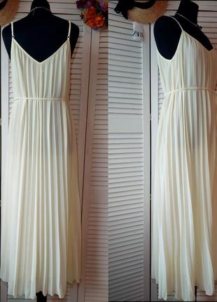 Длинное платье сарафан из шифона плиссе светло жёлтое8 фото