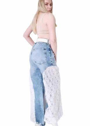 Невероятные роскошные крутые стильные офигезные потрясающие трендовые винтажные кастомизированные широкие джинсы ретро винтаж деним коттон гипюр кастомизация7 фото