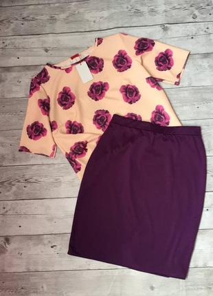 Костюм блузка блуза цветочный принт футболка топ короткий рукав облегающая юбка1 фото