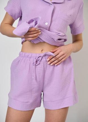 Пижама женская муслин шорты и рубашка лаванда4 фото