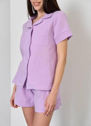 Пижама женская муслин шорты и рубашка лаванда1 фото
