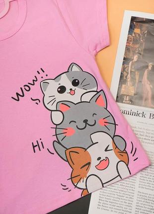 Розовая футболка с котиками, разовая футболка с котиками, красивая футболка для девочек5 фото