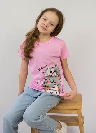 Розовая футболка с котиками, разовая футболка с котиками, красивая футболка для девочек1 фото