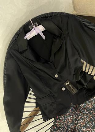Пиджак, укороченый пиджак, черный пиджак, атласный пиджак, двубортный пиджак4 фото