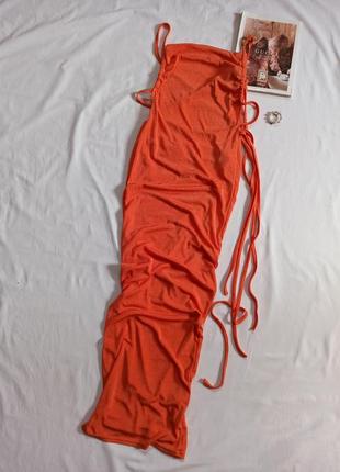 Шикарное яркое оранжевое платье макси по фигуре с открытой спиной/с завязками/со сборкой4 фото