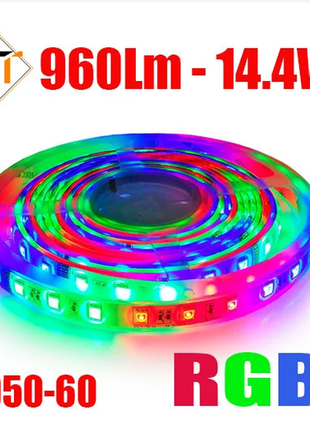 Світлодіодна стрічка 12v smd 5050 60led ip20 rgb 14.4w 1метр