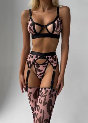 Спокусливий комплект нижньої білизни з панчохами 💕 принт рожевий леопард 💕