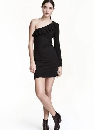 Черное платье, черное мини платье, платье на одно плечо от бренда h&m