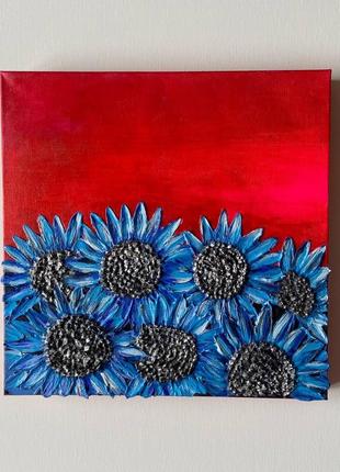 Текстурна об'ємне картина ручної роботи "блакитні соняшники"3 фото