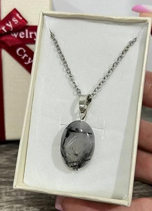 Натуральный камень турмалиновый кварц кулон в форме капли на цепочке - оригинальный подарок парню девушке2 фото