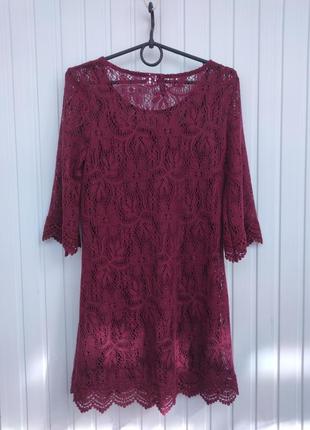 Кружевное бордовое платье с 3/4 рукавом2 фото