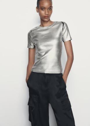 Zara новая серебряная металлик металлическая фольга футболка s