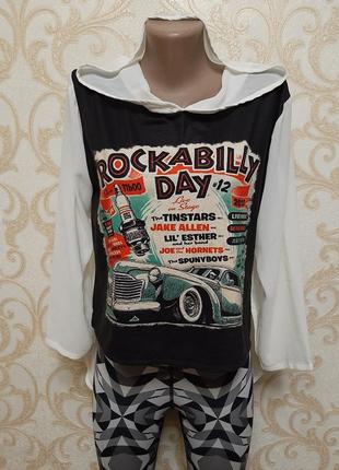 Гарна стильна блуза з капюшоном із вінтажним принтом rockabilly day