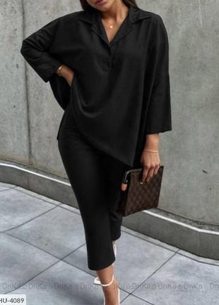 Костюм брючный женский летний стильный модный летний тонкий легкий блуза-туника разлетайка и короткие брюки6 фото