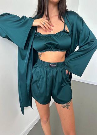 Жіночий домашній комплект 3в1 шовк шорти топ халат