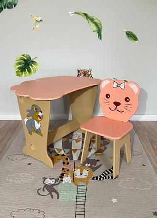 Столик детский облачко розовый и стульчик розовый котик2 фото
