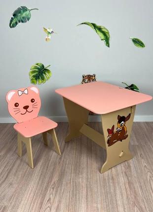 Столик-парта дитячий і стільчик рожевий котик1 фото