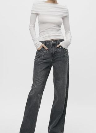 Новые серые прямые джинсы zw collection zara со стразами размер 384 фото