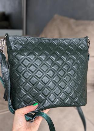 Кожаная сумка с фактурой❤️ темно-зелена на 2 ручки