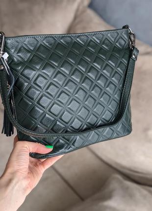 Кожаная сумка с фактурой❤️ темно-зелена на 2 ручки7 фото