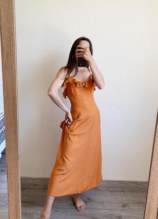 Сукня міді від h&m оранжева коричнева з рюшами на бретелях