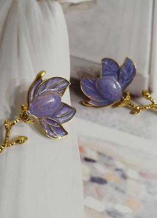 Сережки квіти магнолія кульчики під золото ретро вінтаж квітка фіолетова4 фото