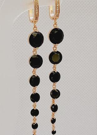 Сережки підвіски з чорними цирконами.позолота ро, 8см.