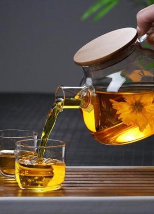 Заварочный чайник стеклянный с бамбуковой крышкой на 1000 мл (1 л)3 фото