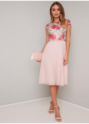 Сукня міді з вишивкою ніжна нарядна сукня вишивка рожева плісе міді плаття квіти 44 святкова сукня розпродаж3 фото