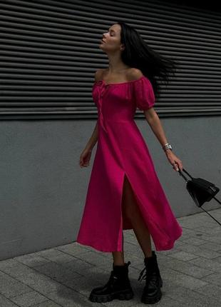 Платье миди хлопок муслин прованс платье корсетное с декольте на кулиске с открытыми плечами с разрезом на юбке крестьянка белое малиновое зелёное