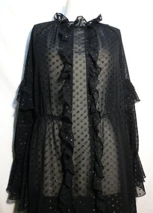 Летнее черное прозрачное платье в блестящий горох, нарядное женское плаття з рюшами.3 фото