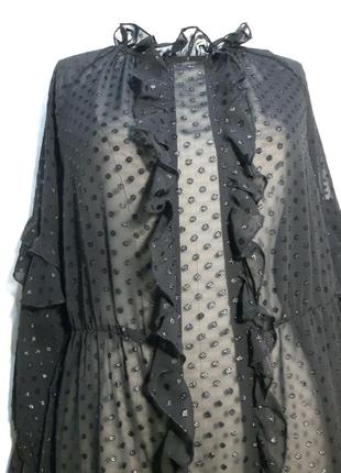 Летнее черное прозрачное платье в блестящий горох, нарядное женское плаття з рюшами.4 фото