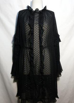Летнее черное прозрачное платье в блестящий горох, нарядное женское плаття з рюшами.8 фото