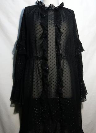 Летнее черное прозрачное платье в блестящий горох, нарядное женское плаття з рюшами.9 фото