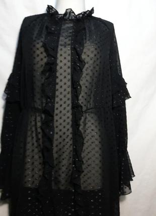 Летнее черное прозрачное платье в блестящий горох, нарядное женское плаття з рюшами.10 фото